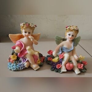 2 Charming Cherub Figurines with Floral Accents And Birds